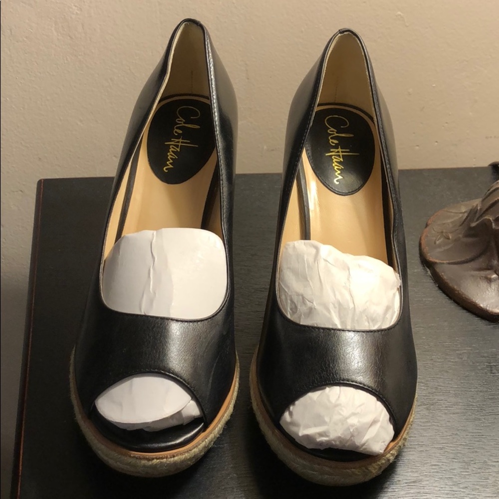 Cole Haan Black Leather Cork Wedge